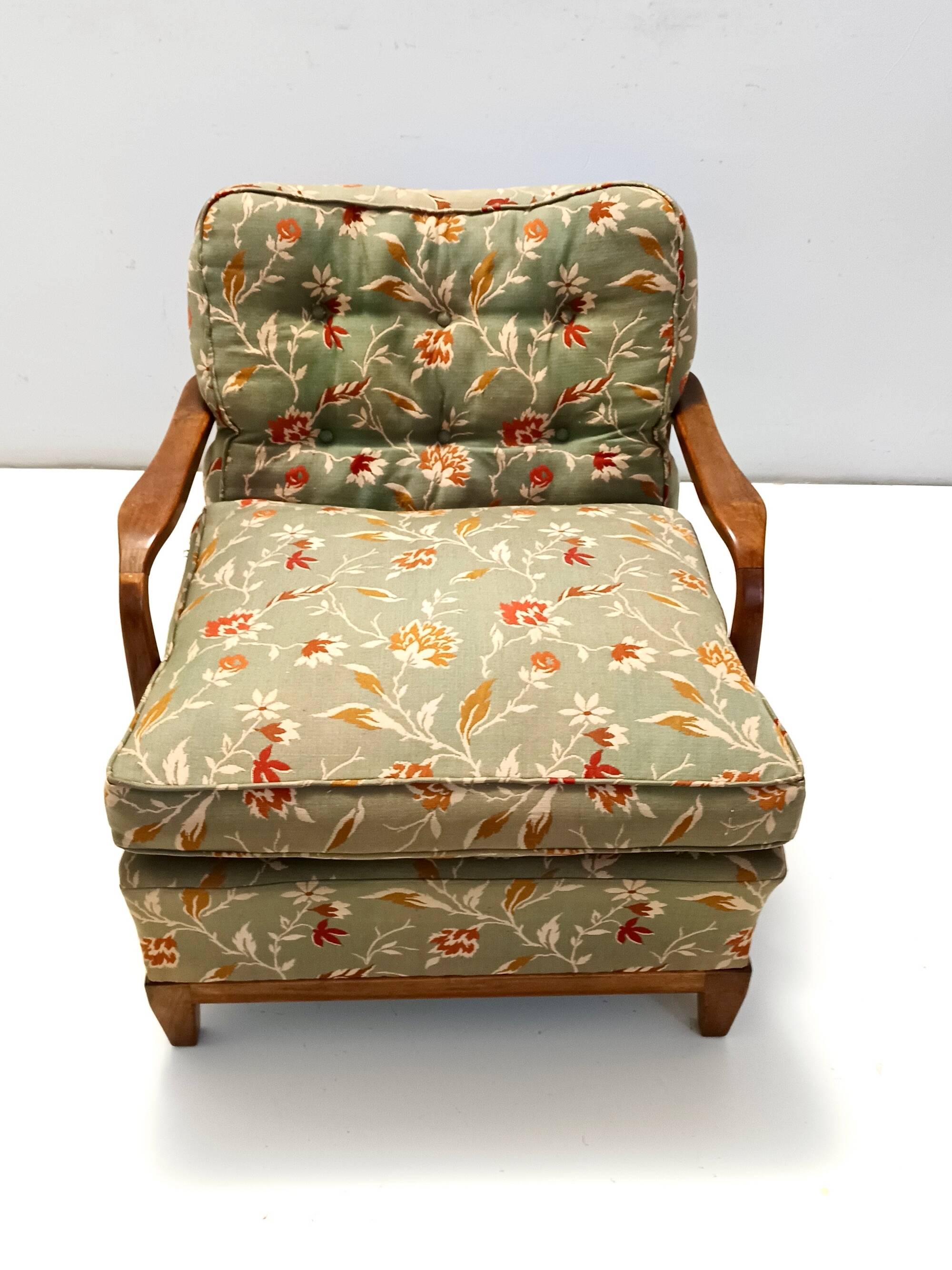 Pair of Olive Green Fabric Armchairs by Paolo Buffa with Walnut Frame