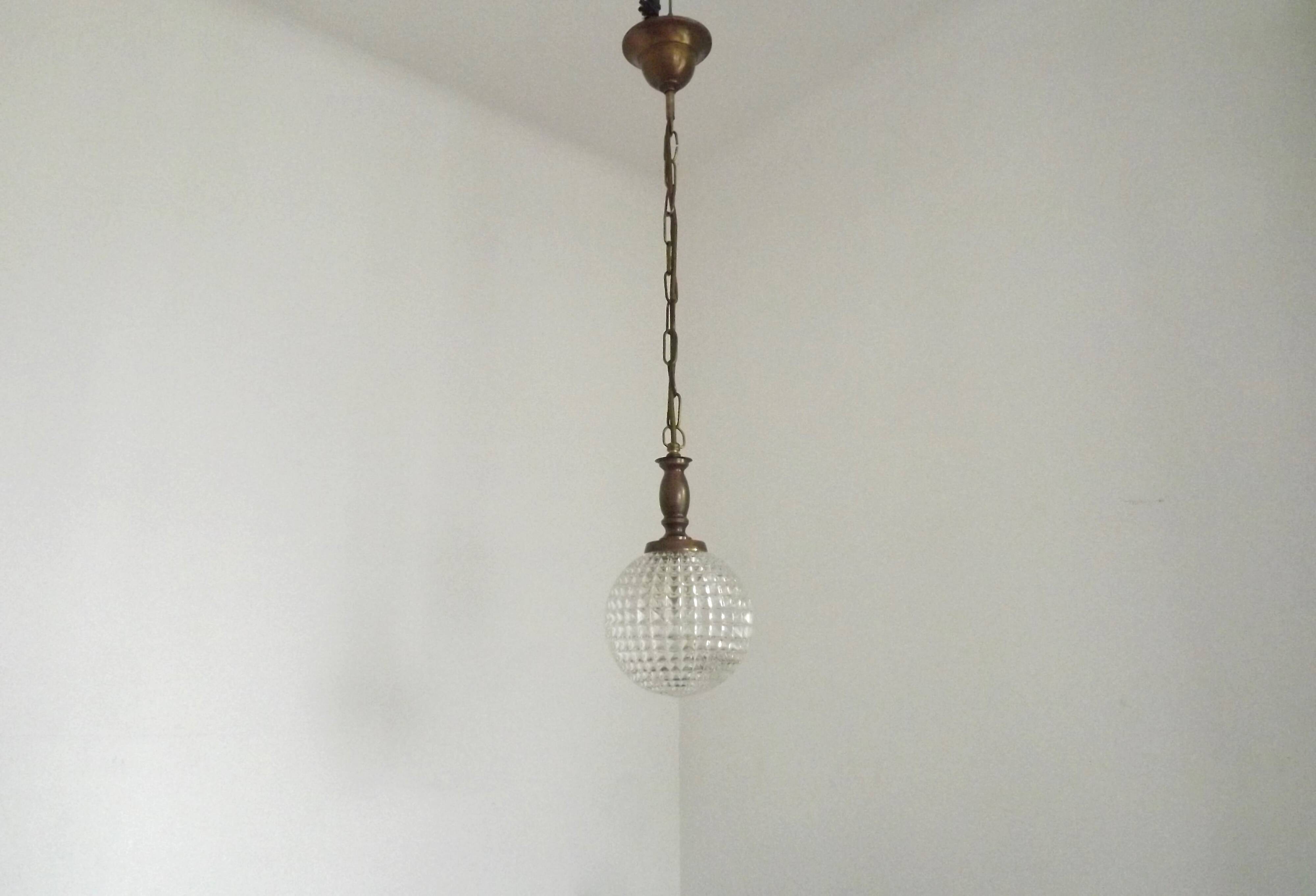 French Vintage Molded Glass & Brass Pendant Light 1970s Globe Hanging Lamp