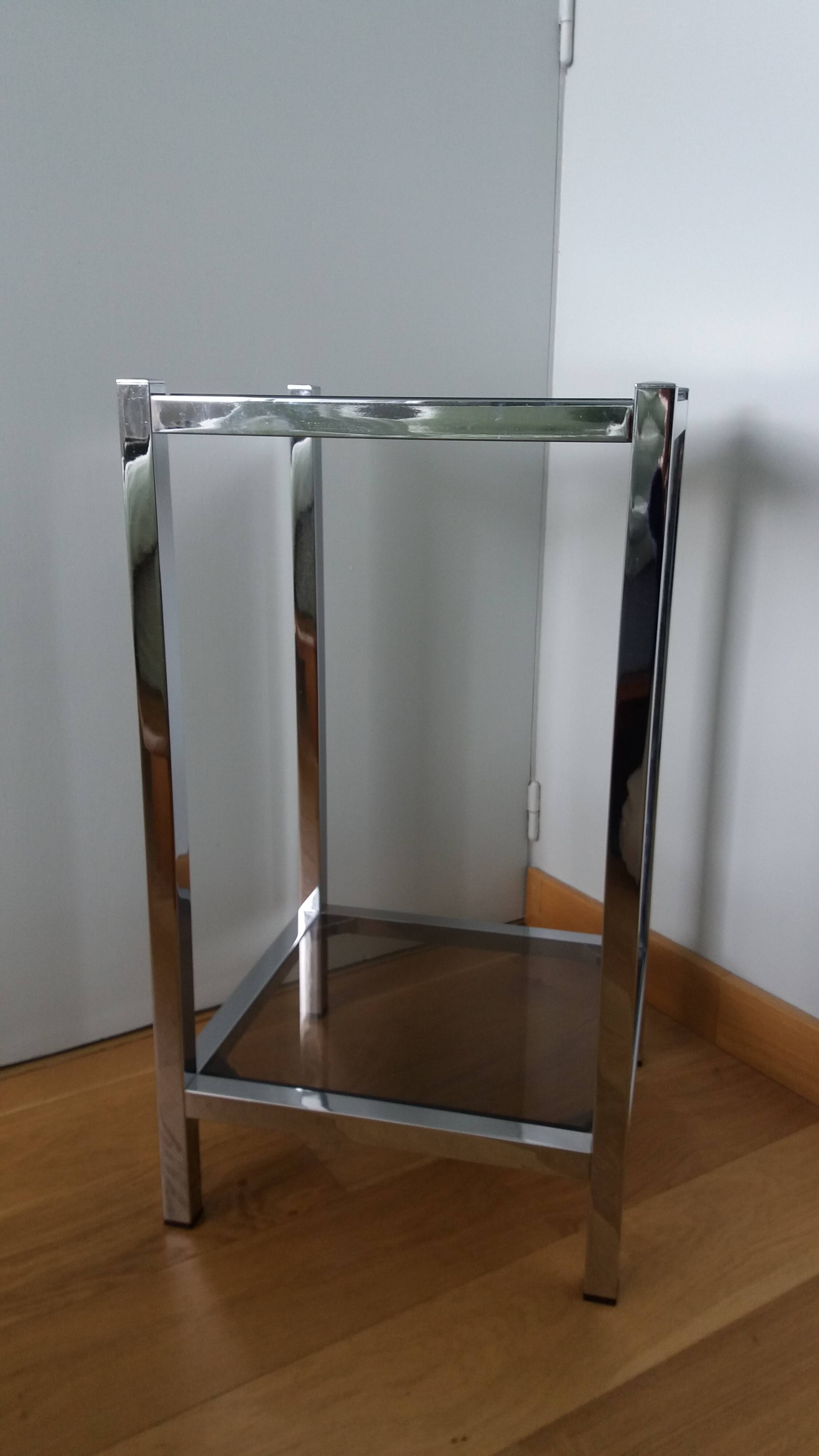 Chrome metal and smoked glass console