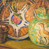 Still life with sunflowers and majolica jug
