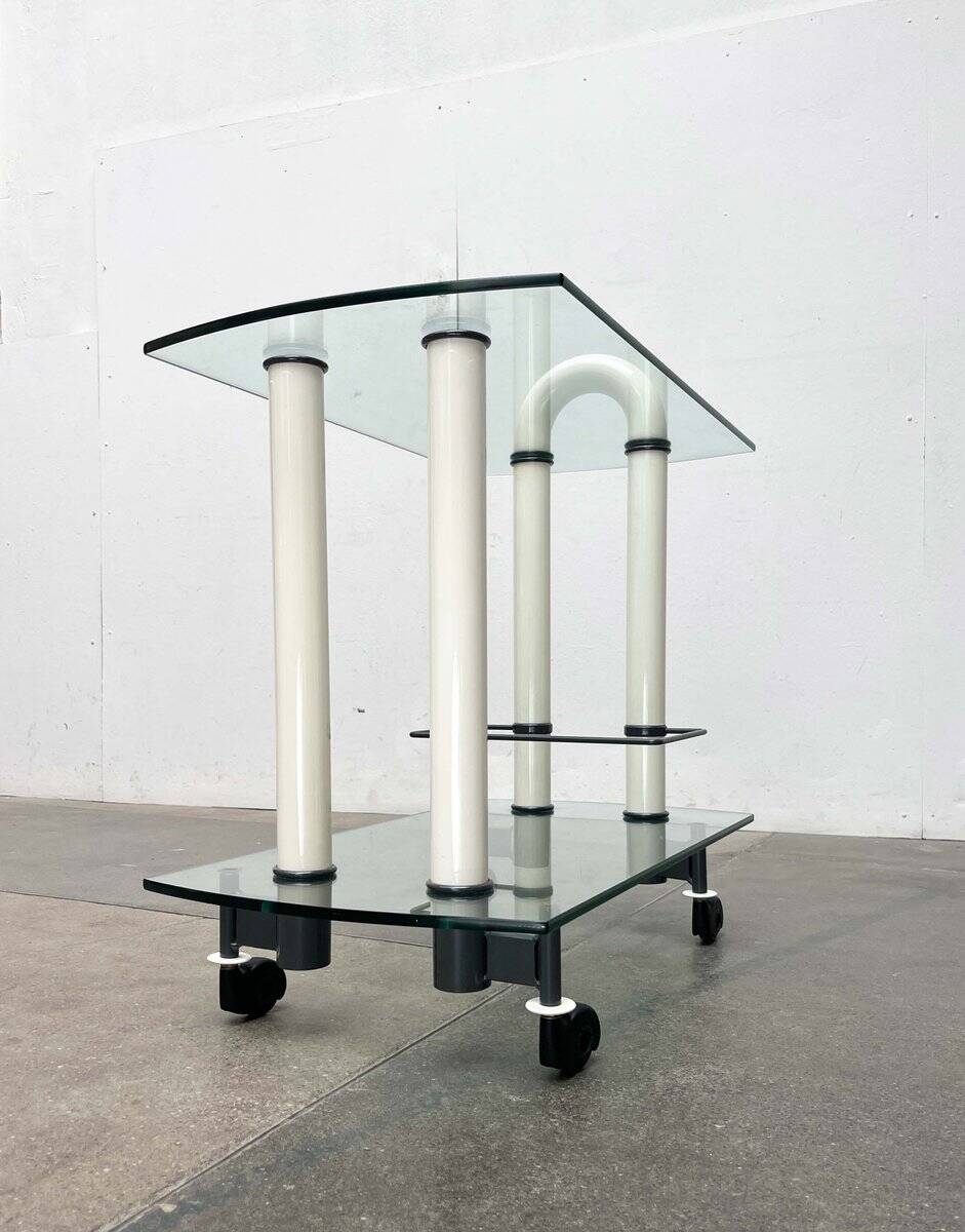 Postmodern Italian bar cart in glass and metal by Metalnova, 1980s.