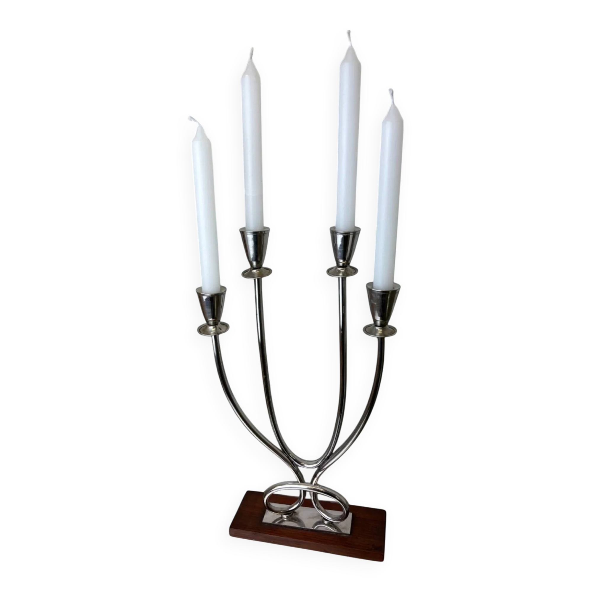 Art deco candlestick in stainless steel and rosewood, 4 flames, Spain, 1970s