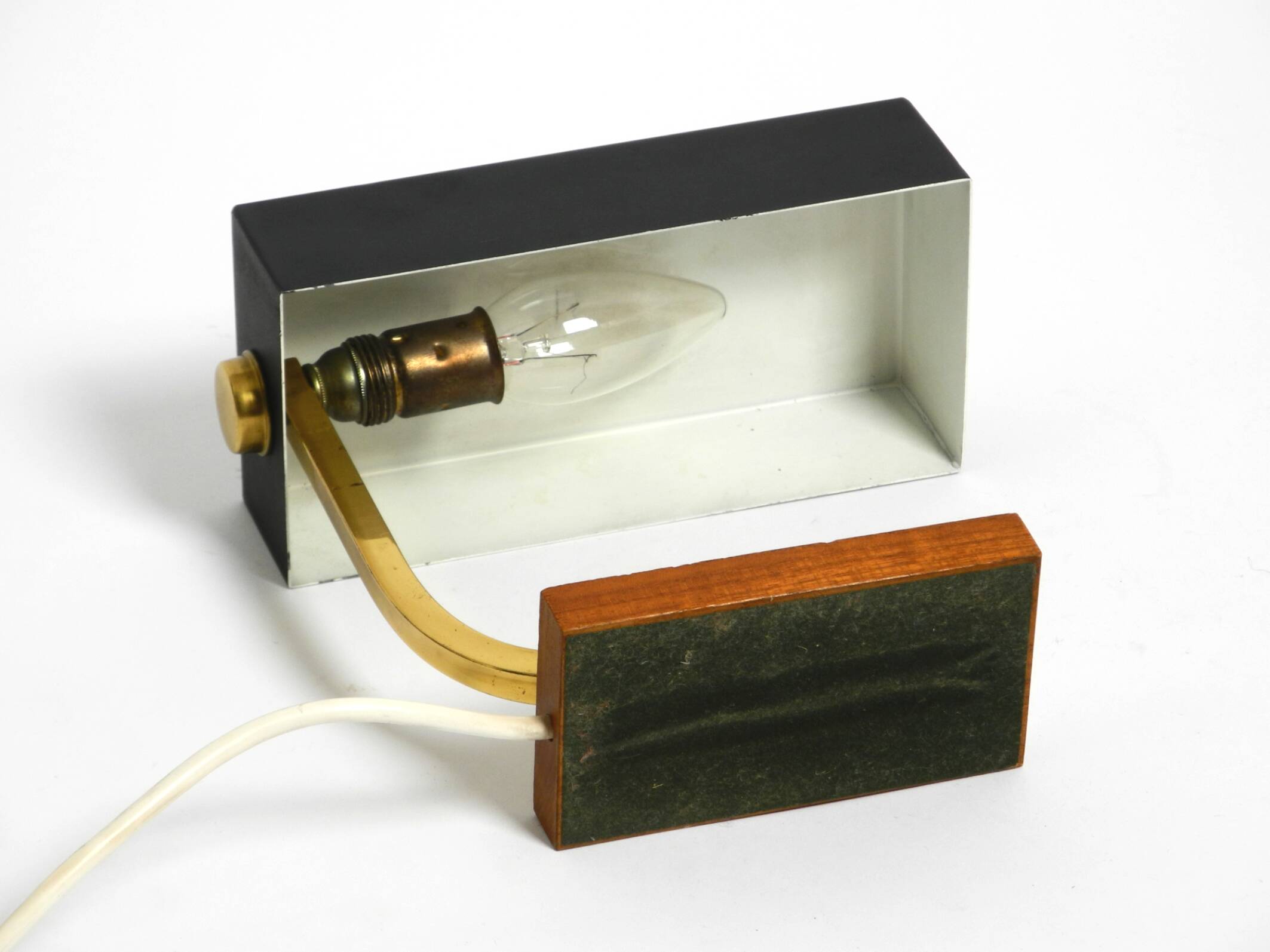 Beautiful small Mid Century Modern metal and brass table lamp with teak bas