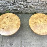 Paire de tables basses rondes, placage loupe 1980