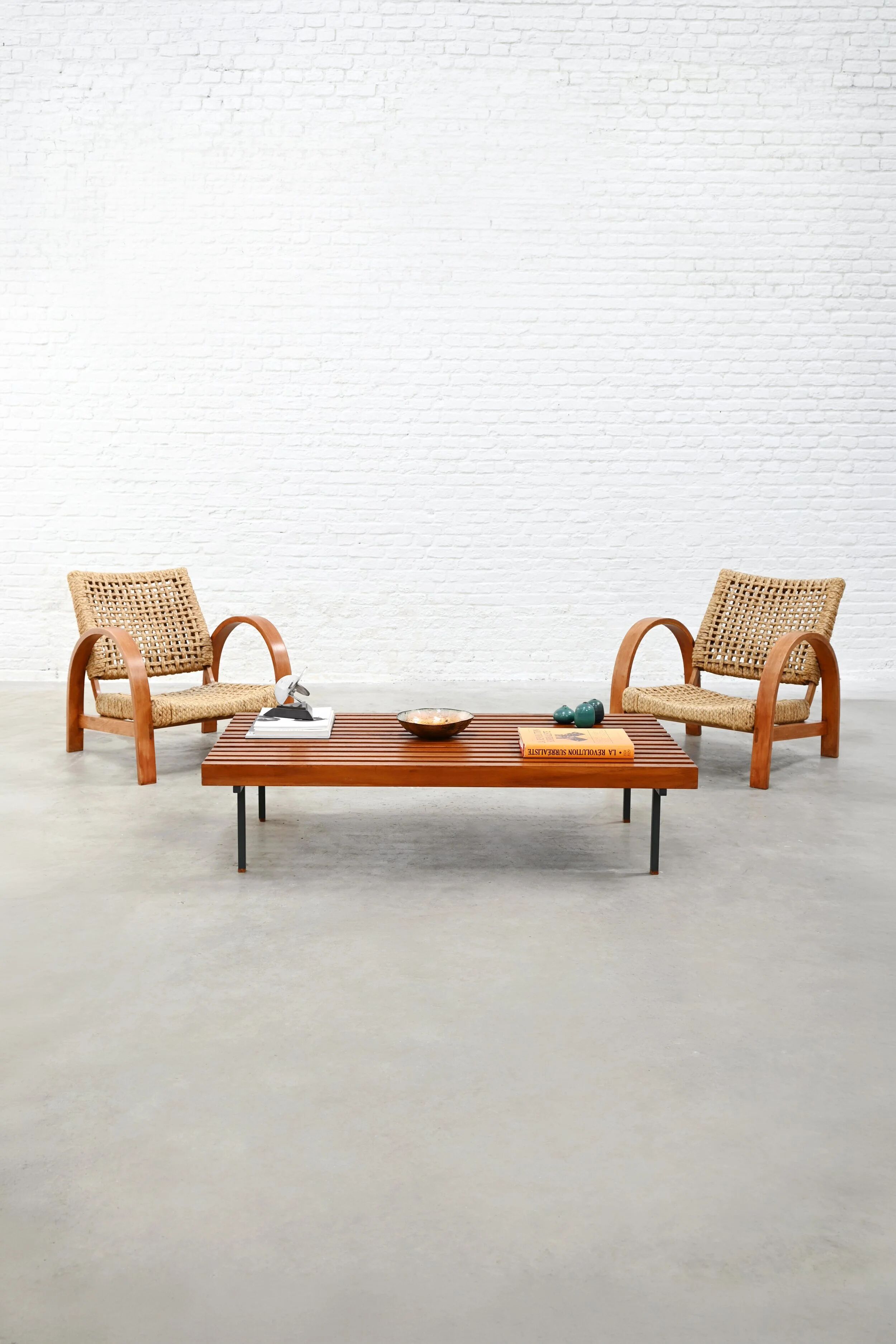 French slatted wood coffee table / bench, 1960s