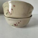 Two large vintage bowls in pastel decor on mini pedestals.