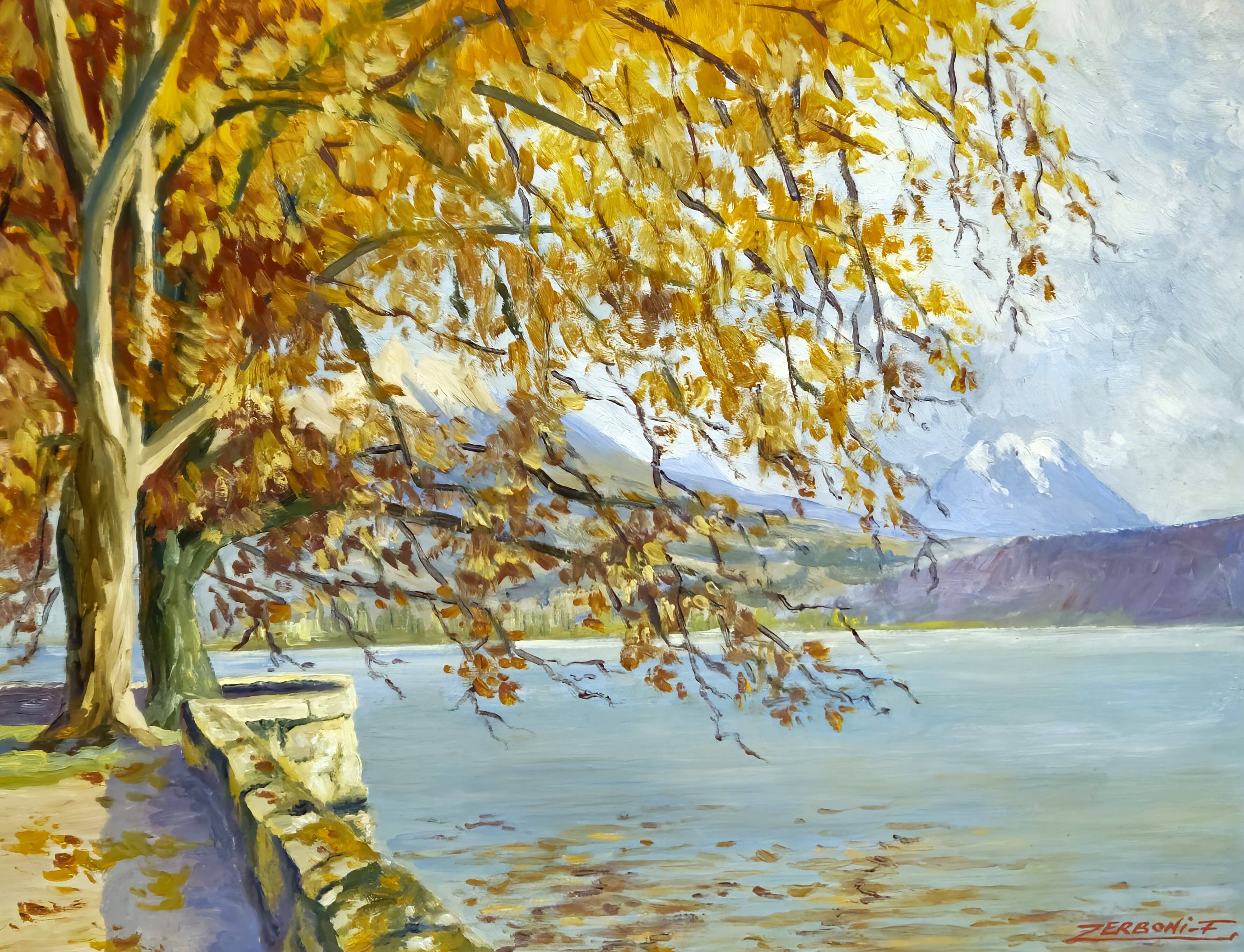 F. Zerboni – Animated Lakeside Landscape – Oil on Panel – Mid 20th Century