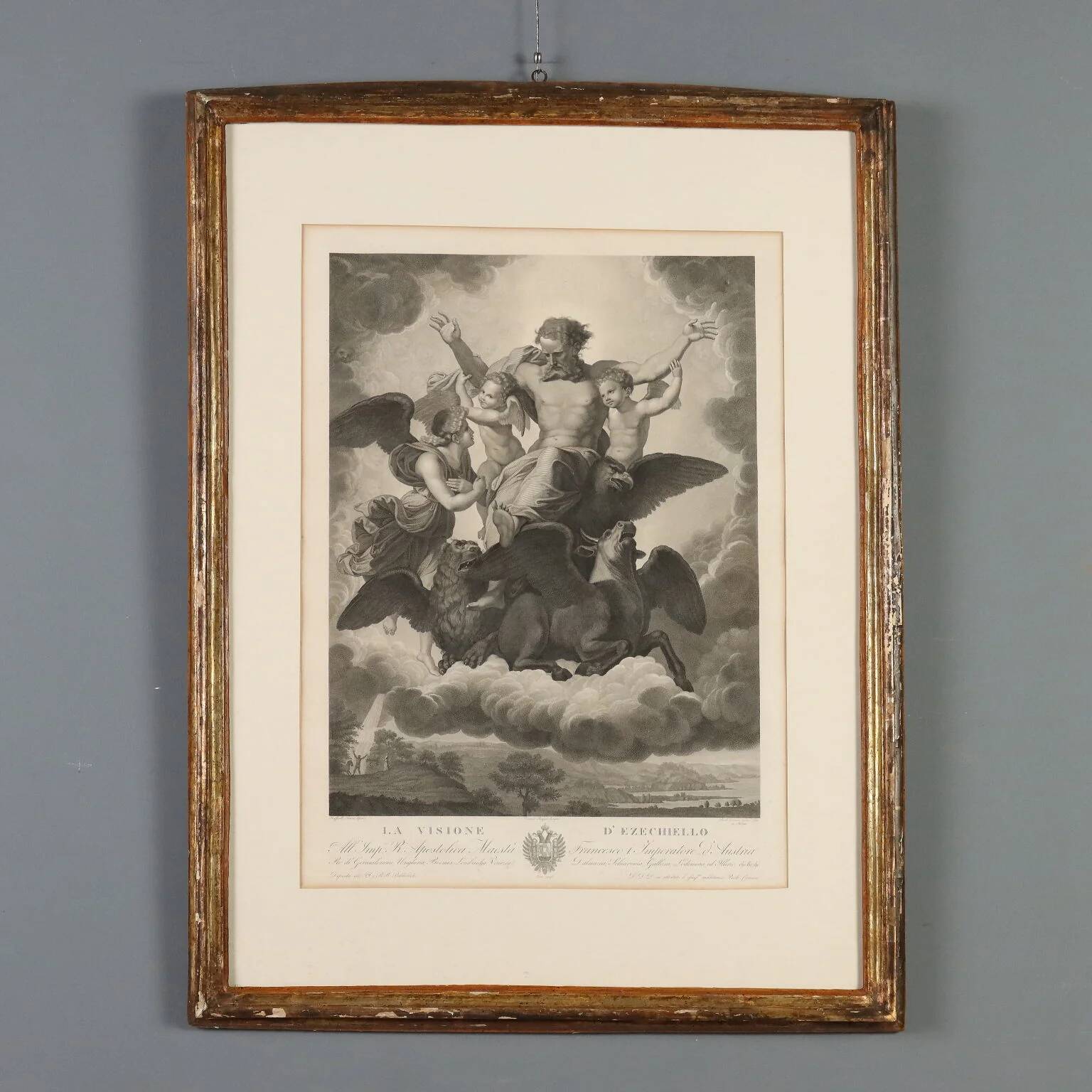 Old etching signed Paolo Caronni "Vision of Ezekiel" 1825