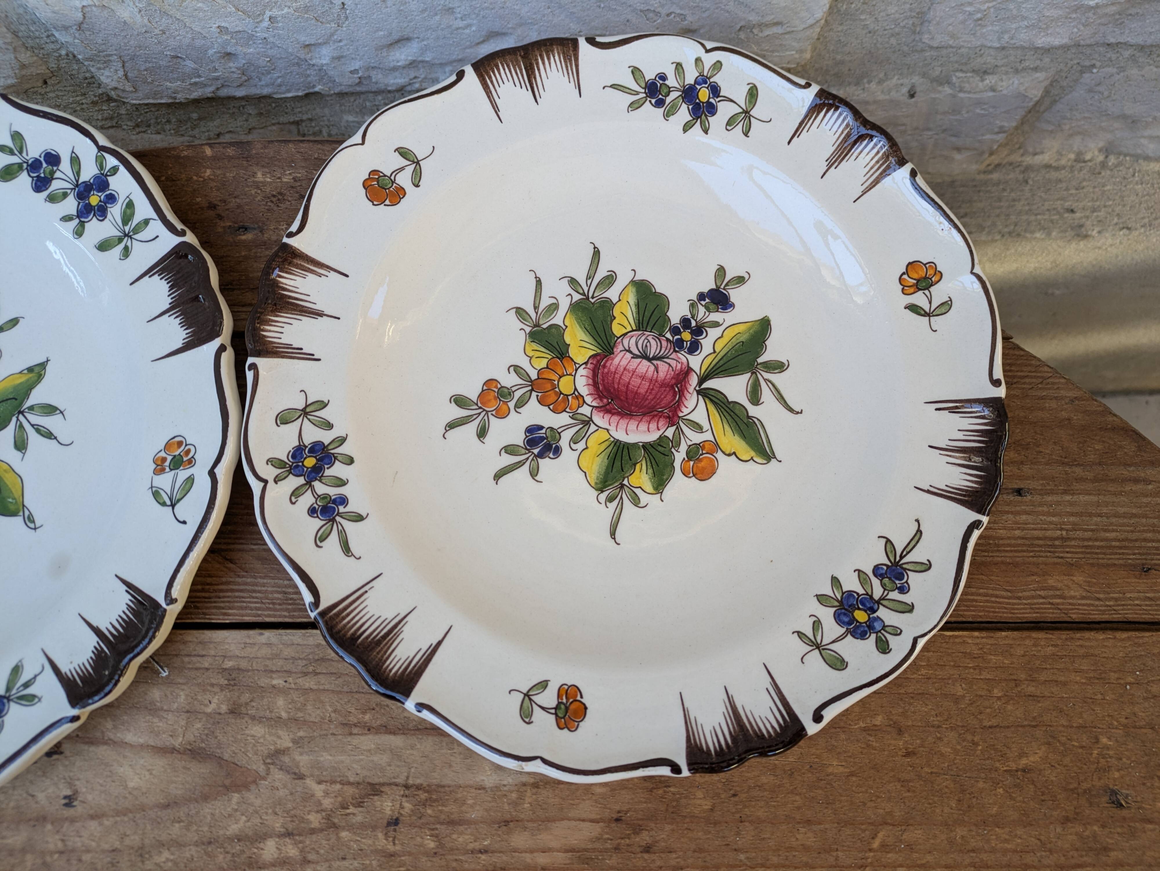 Set of 2 antique hand painted floral pattern plates