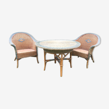 Table set and 2 rattan chairs