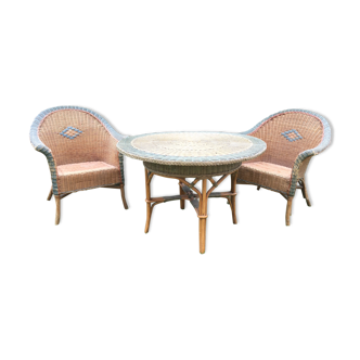 Table set and 2 rattan chairs