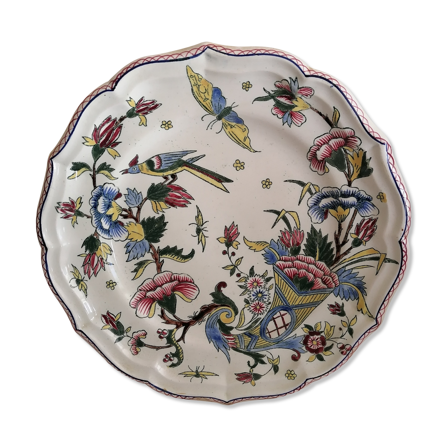 Old earthenware plate of Gien, cornucopia décor