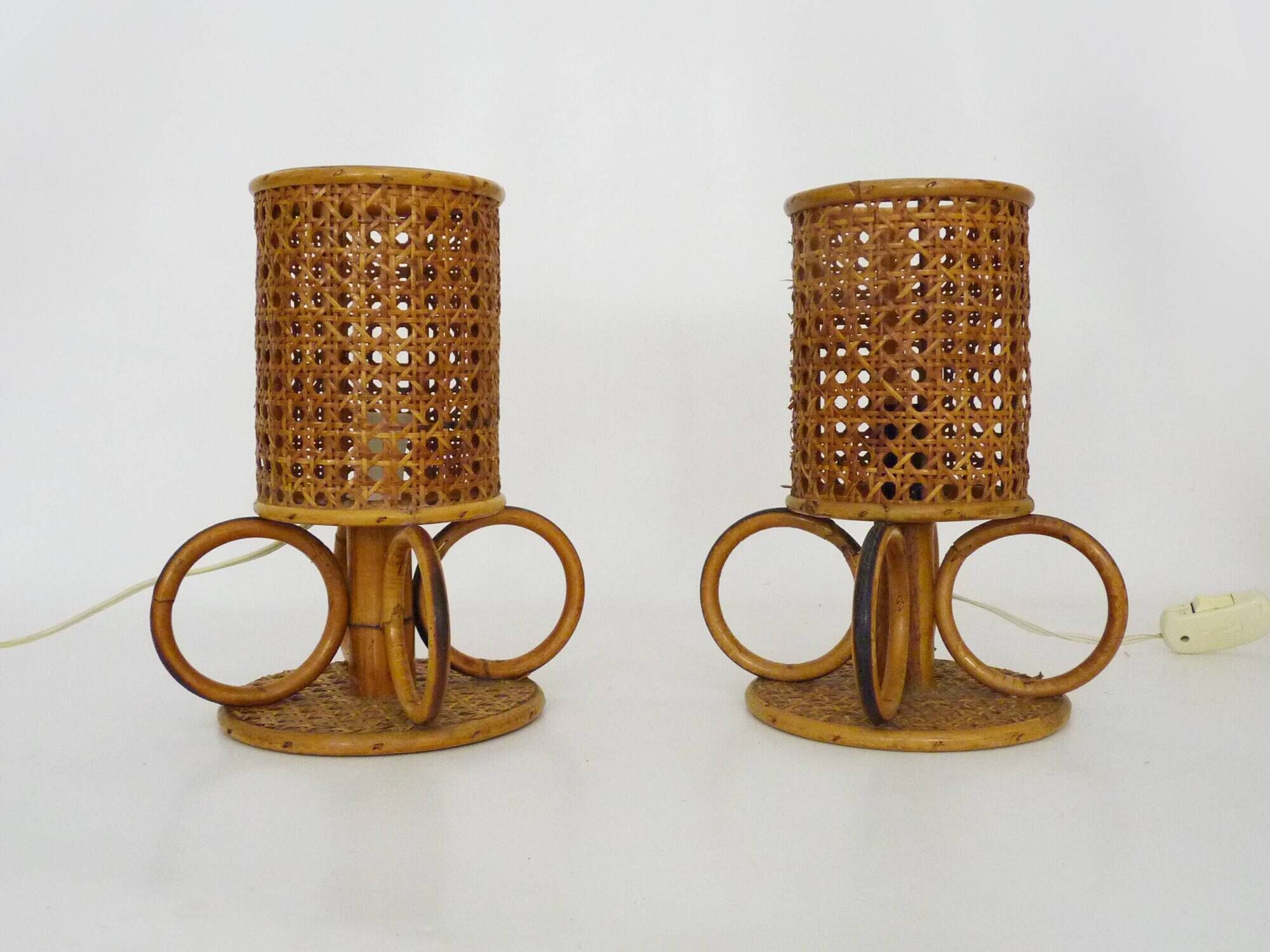 Pair of bamboo rattan caned lamps. Italy 1950s 60s.