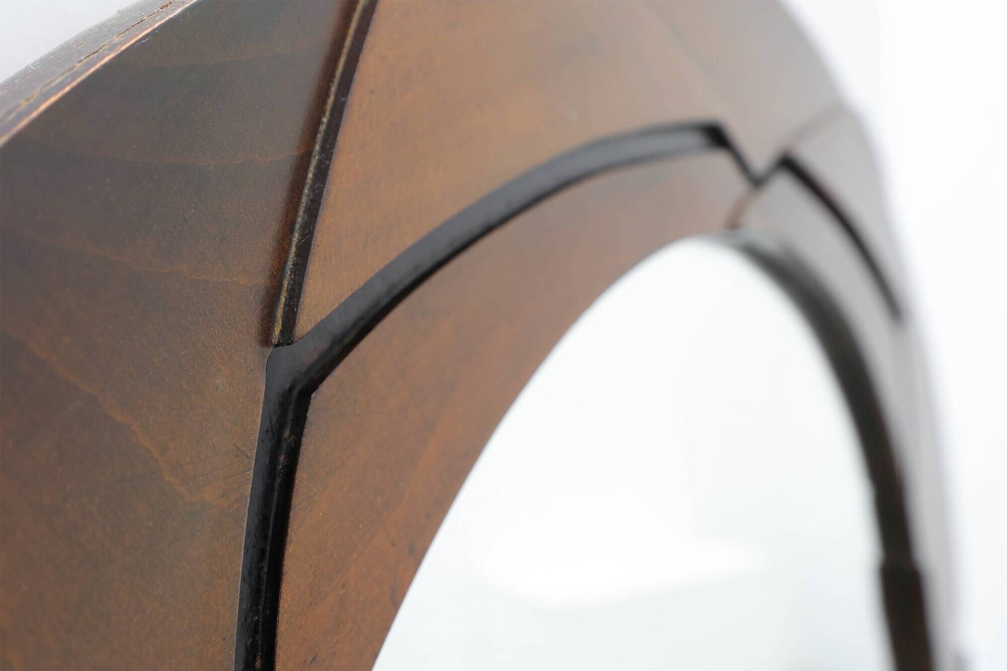 Belgian Art Deco Round Mirror with Geometric Wooden Frame, circa 1920