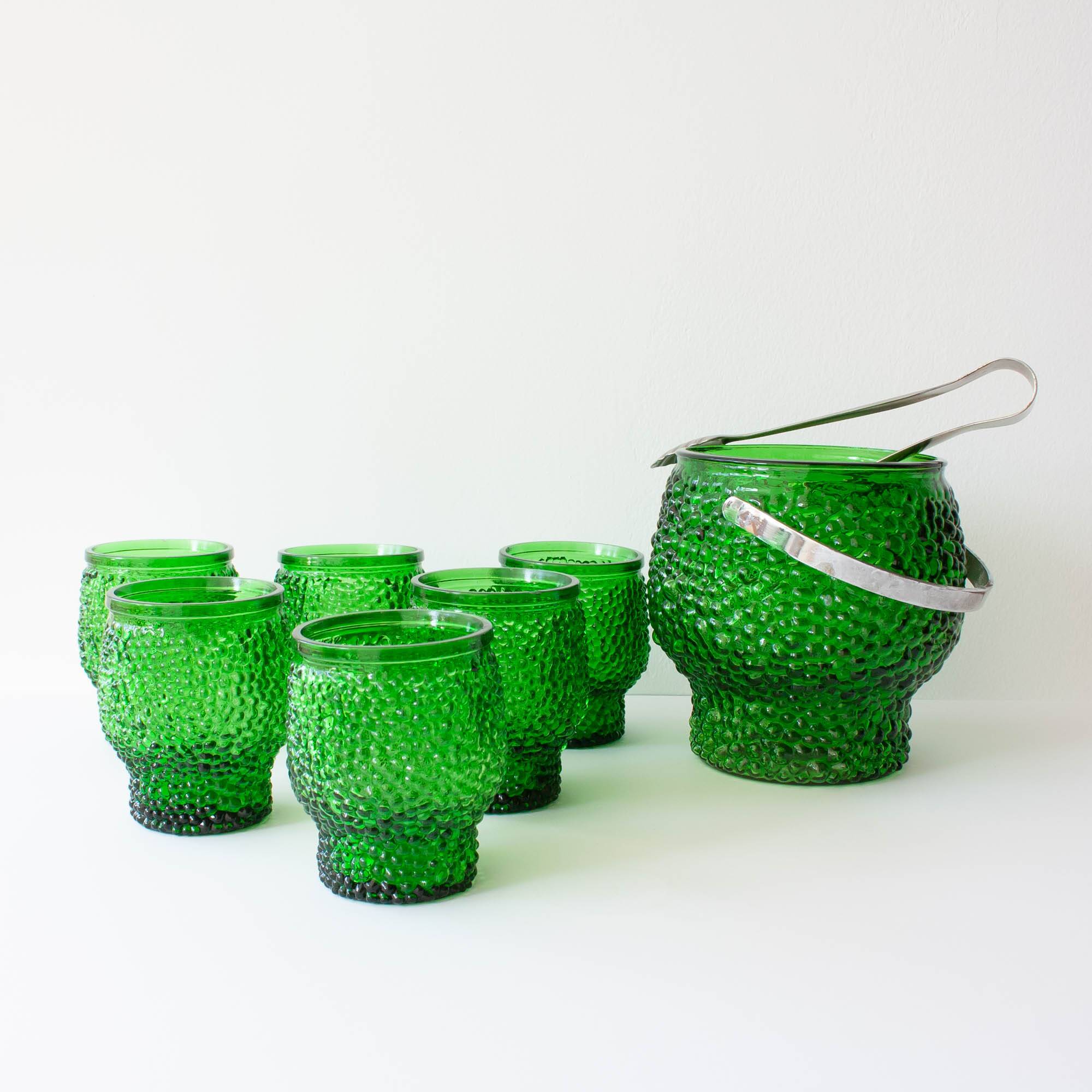 Vintage Green Set of 6 Cocktail bubble glasses, ice bucket and ice clamps