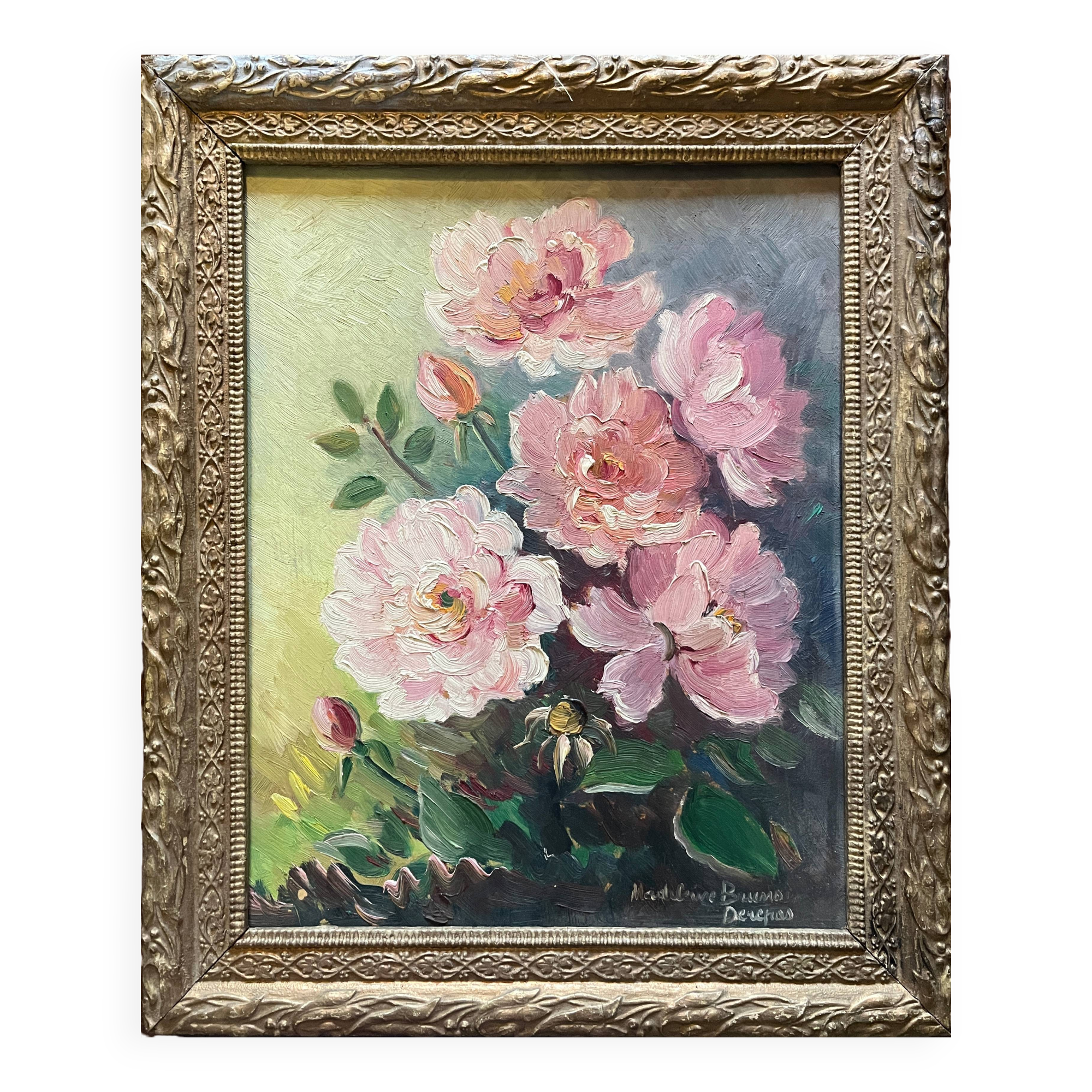 HSP Garden Roses painting signed Madeleine Bruno Derepas + frame