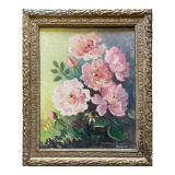 Tableau HSP Roses du jardin signé Madeleine Bruno Derepas + cadre