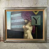 Painting "Nude at the traffic sign" Belgian Pop Art, MACKOWIAK ERWIN, oil on canvas, ca 1975