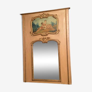Overmantel fireplace mirror with Louis XV style gallant scene decoration