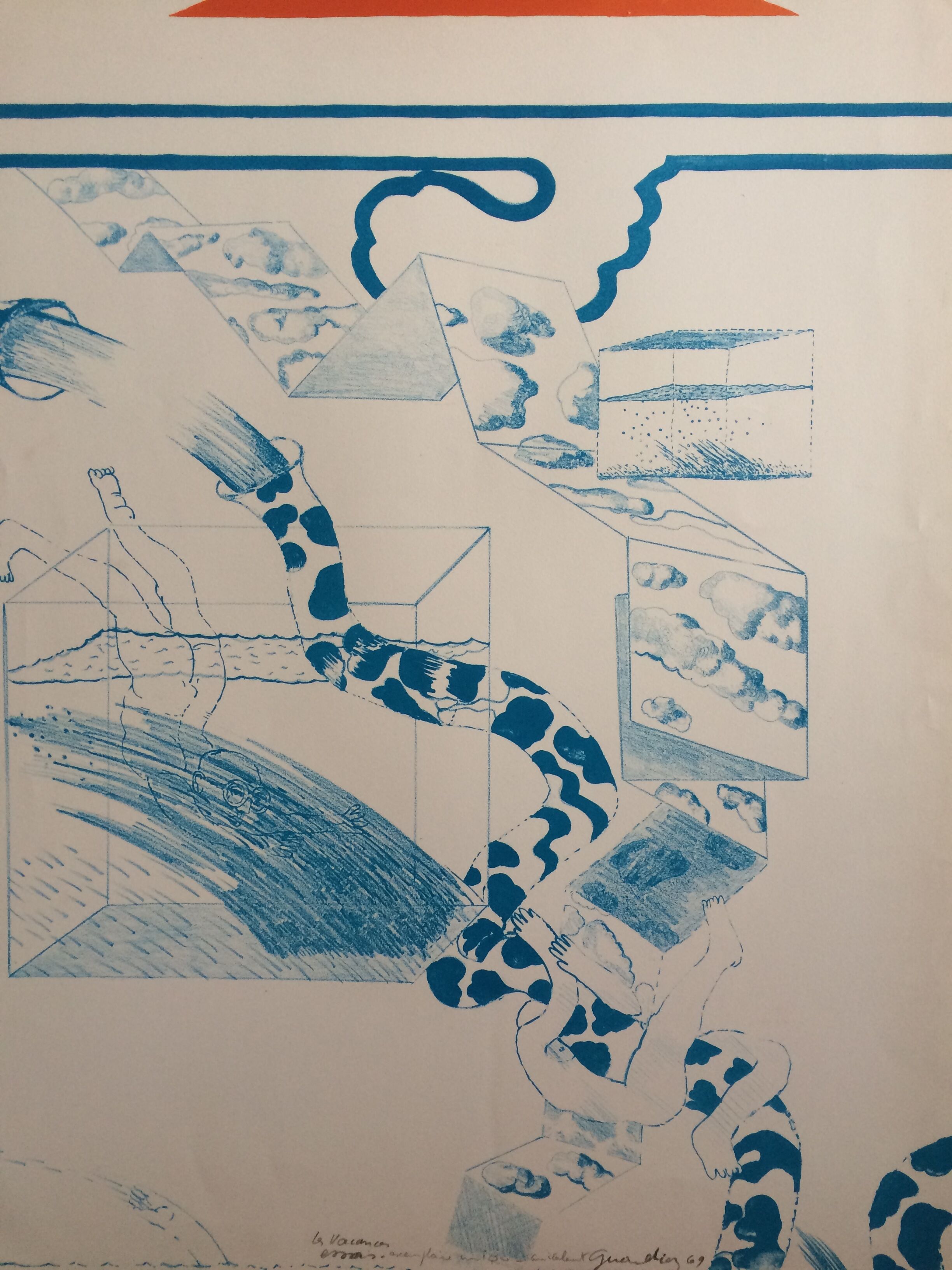 Original lithograph signed by Gérald Diaz, dit GÉRARDIAZ, Les vacances (essays), 1969