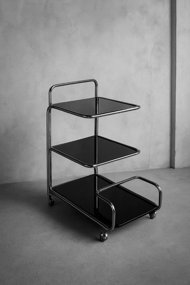 Vintage Mid-Century German Modern Bauhaus Chrome & Glass Serving Trolley