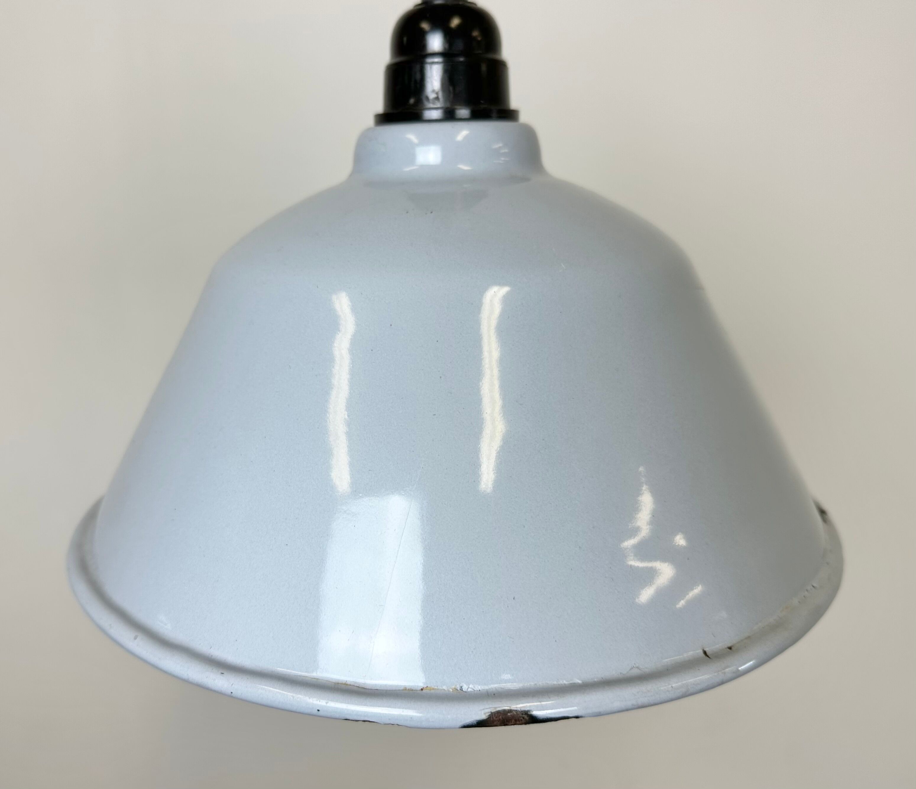 Industrial French Grey Enamel Factory Pendant Lamp, 1960s