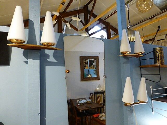 Set of 3 brass and teak Arlus wall light 1960