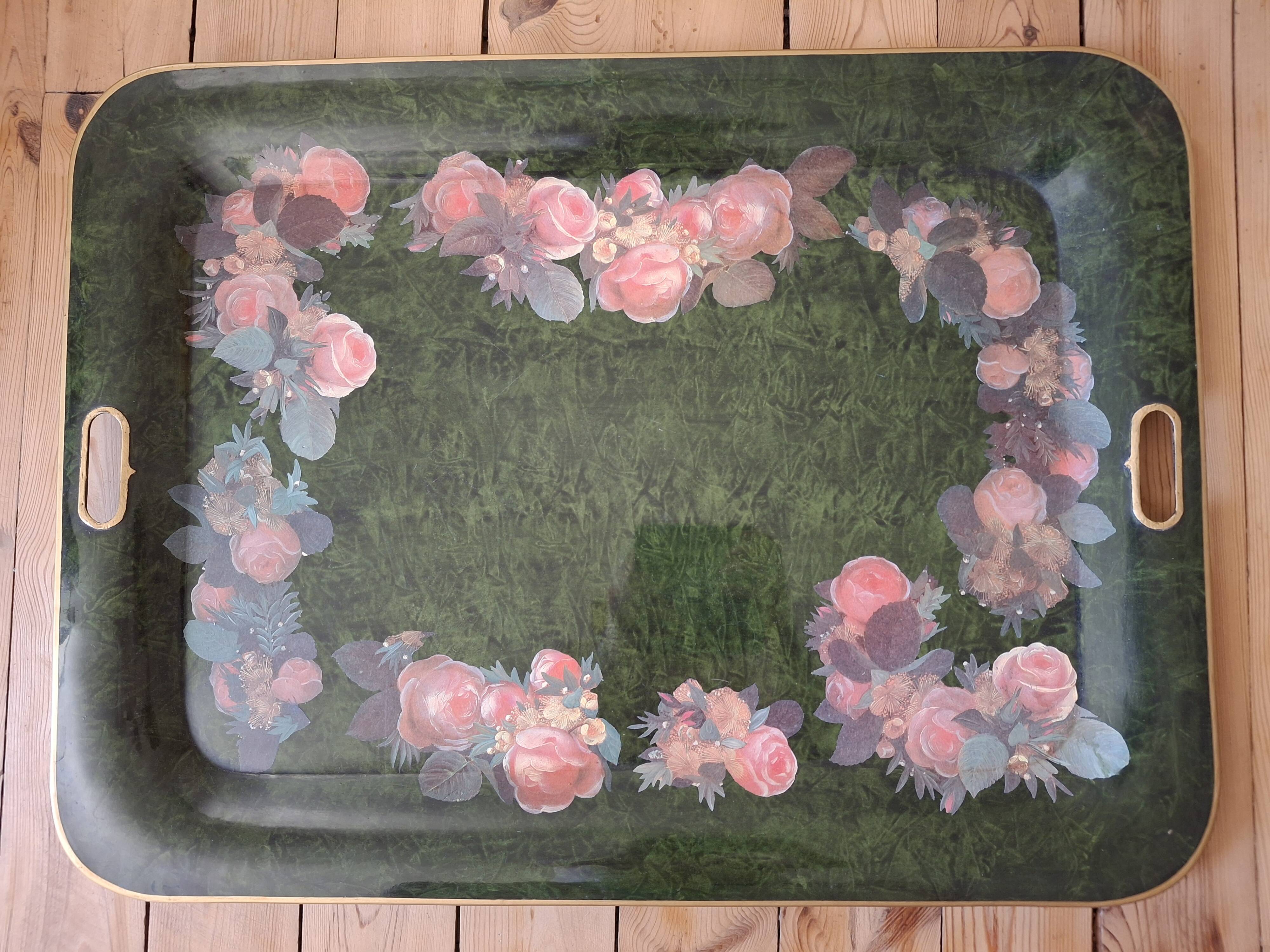Large painted metal serving tray with handles 74.7 X 55.5 cm