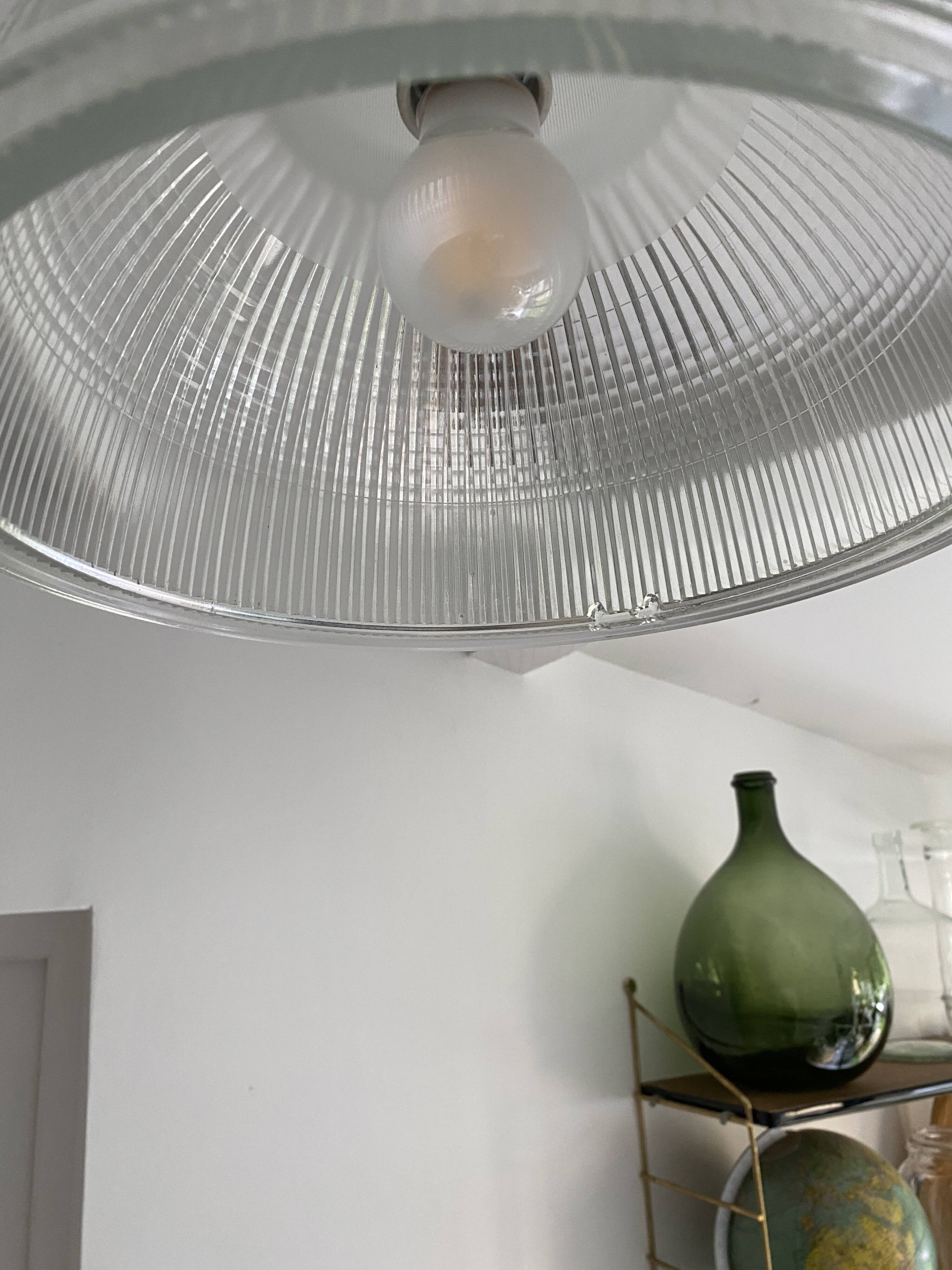 Vintage Holophane Suspension Chandelier from the 50s/60s, industrial style, transparent striated glass