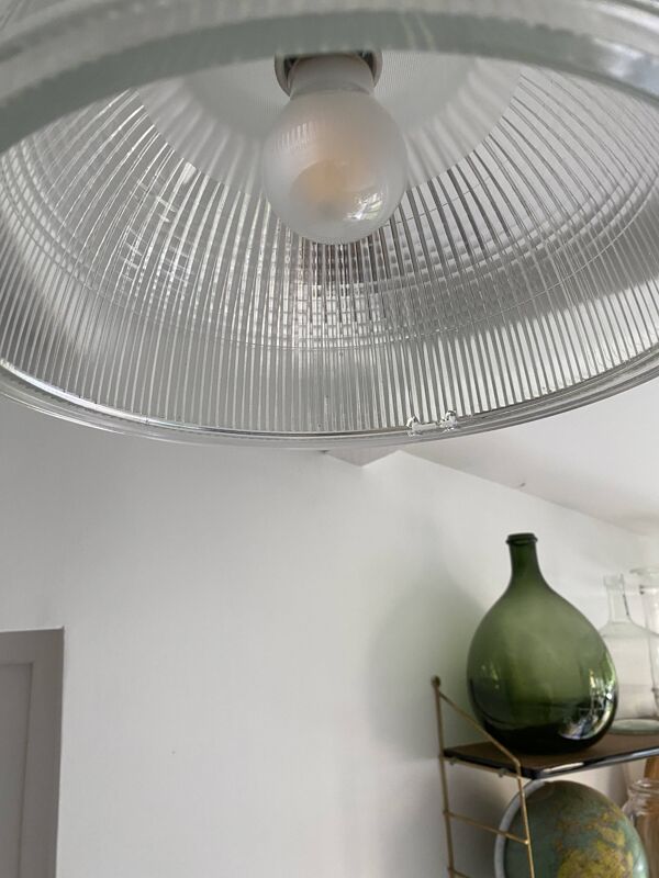 Lustre Suspension Holophane vintage des années 50/60 style industriel, verre strillé transparent