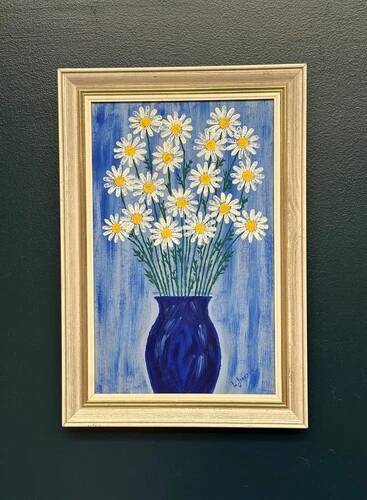 Swedish Oil on Canvas “Blue vase with flowers” by L jonsson Vintage 45x31cm