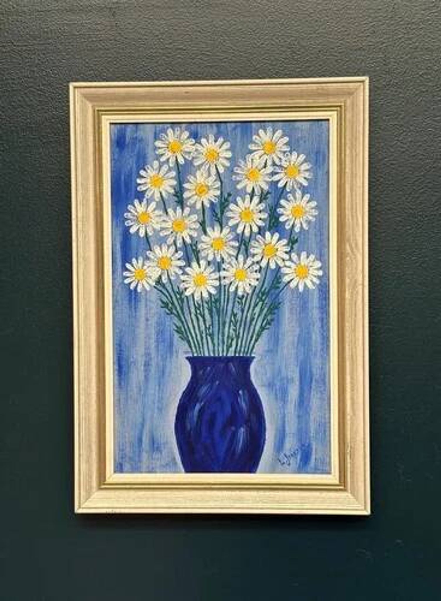 Swedish Oil on Canvas “Blue vase with flowers” by L jonsson Vintage 45x31cm