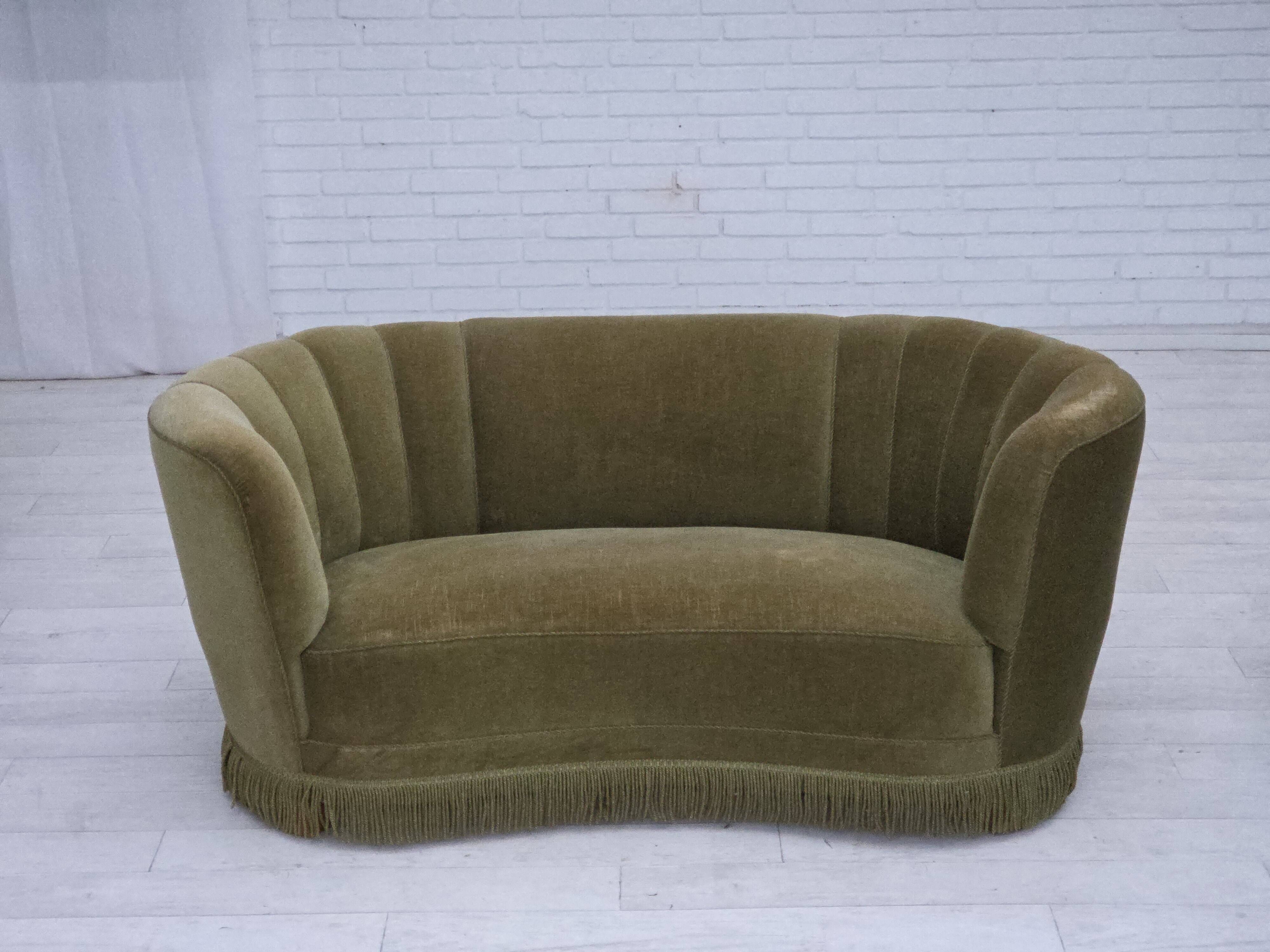 1960s, Danish 2-seater "Banana" sofa, original green furniture velour.