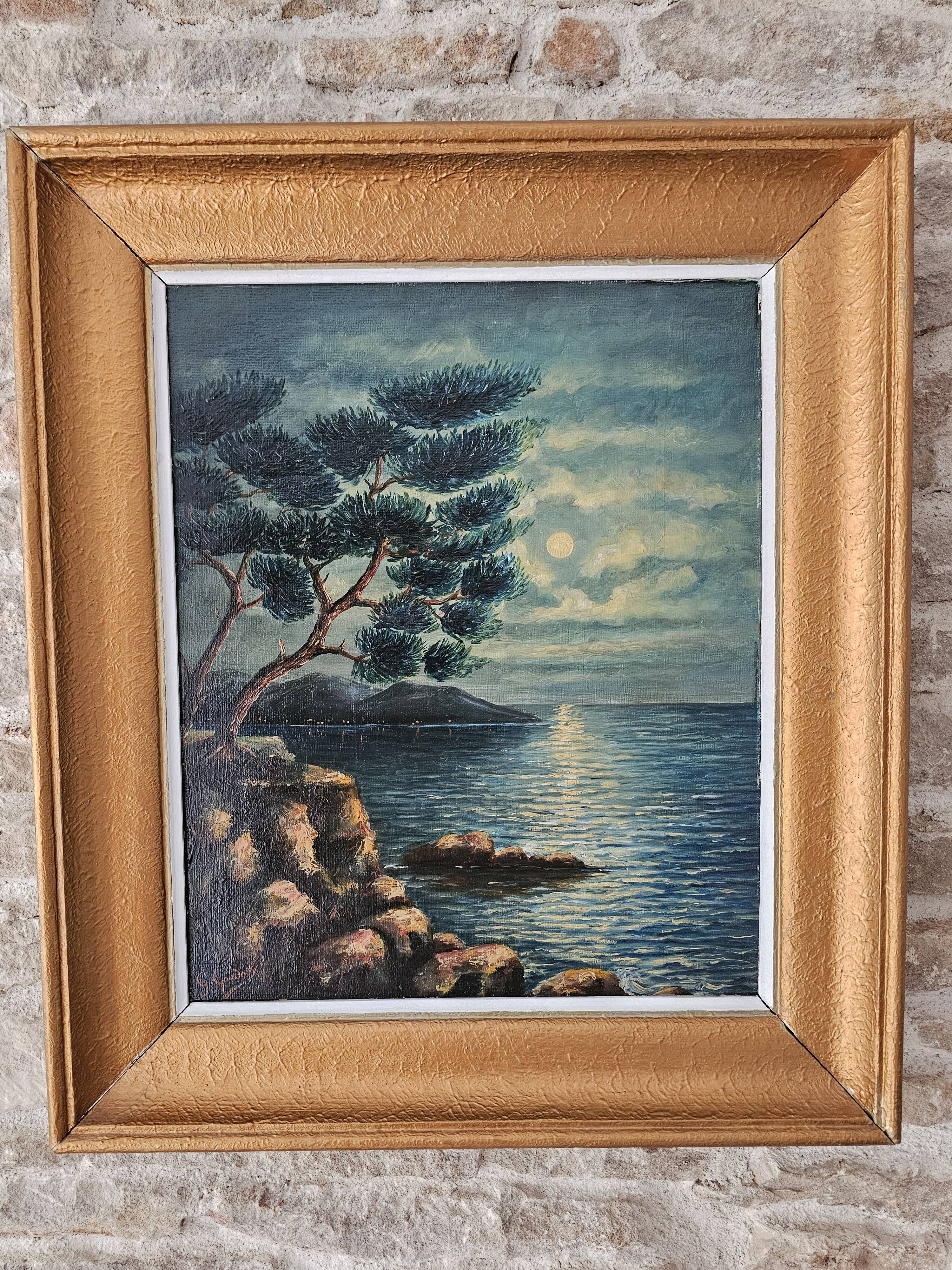 Oil on Panel - Marine Mediterranean Landscape at Night G Goudon