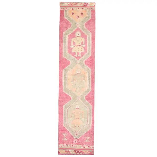Vintage Turkish Oushak handmade wool cotton pink runner rug 85x370