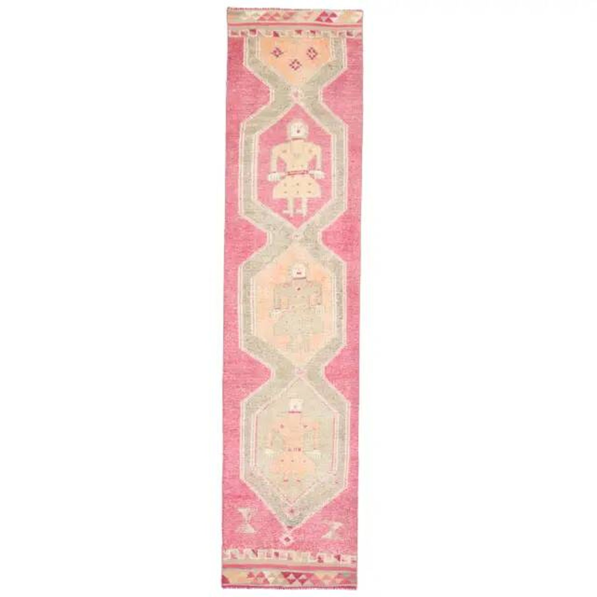 Vintage Turkish Oushak handmade wool cotton pink runner rug 85x370