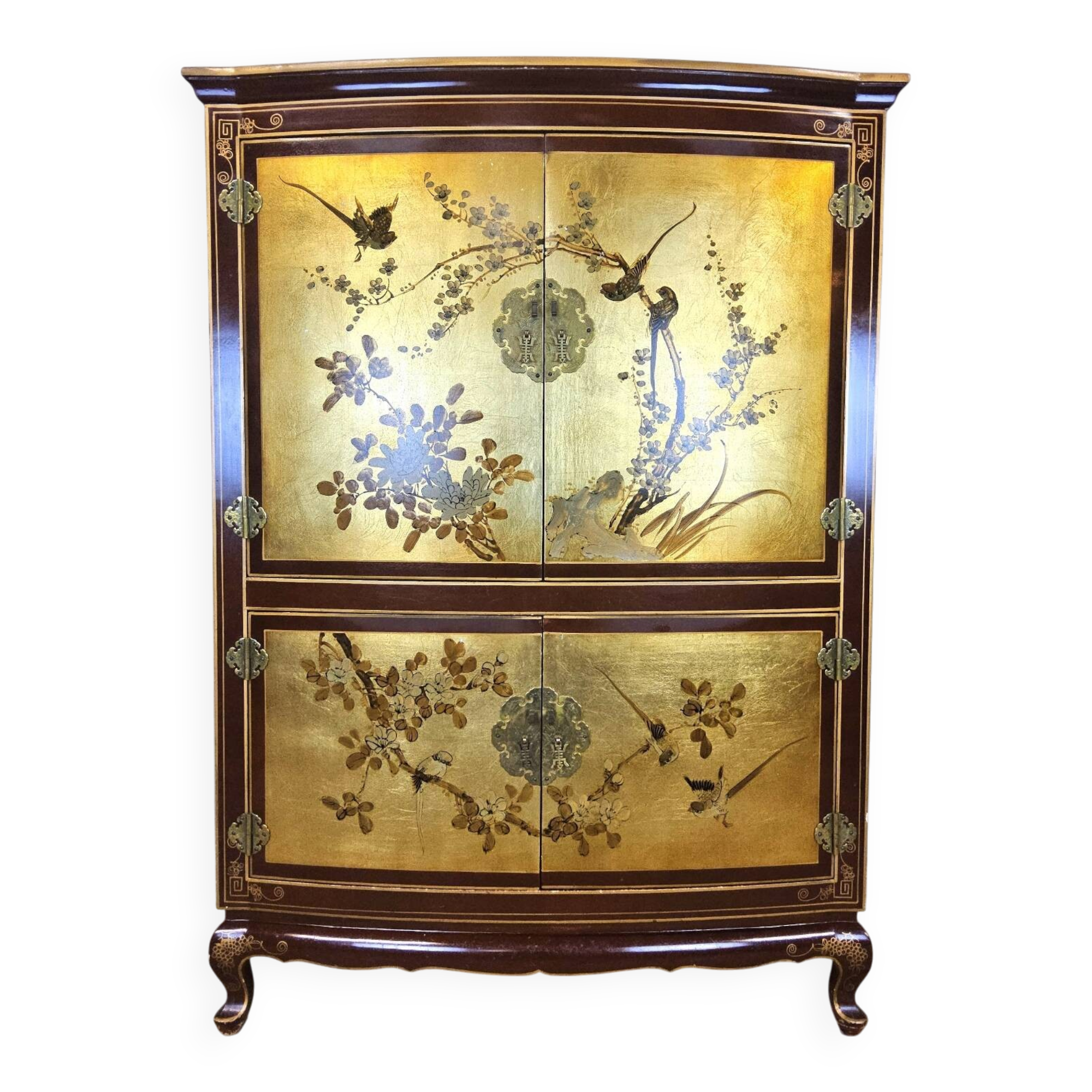 Vintage Chinese cabinet with gold leaf and flowers / oriental cabinet