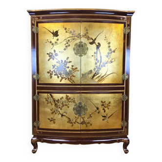 Vintage Chinese cabinet with gold leaf and flowers / oriental cabinet