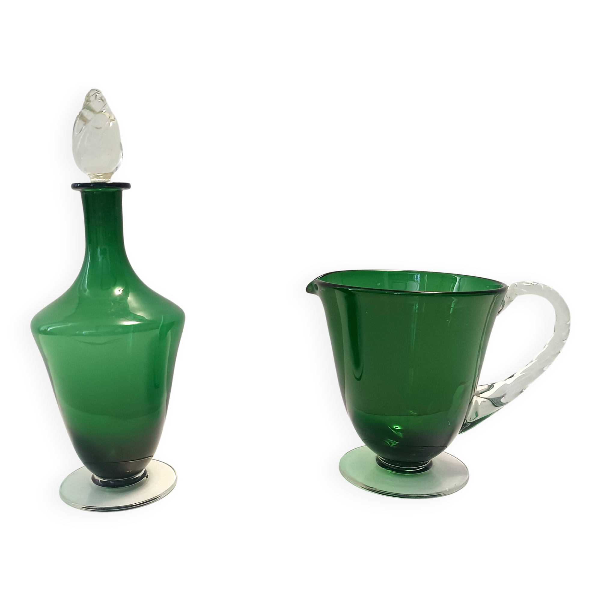 Pair of Green Hand-Blown Glass Wine and Water Pitchers, Empoli
