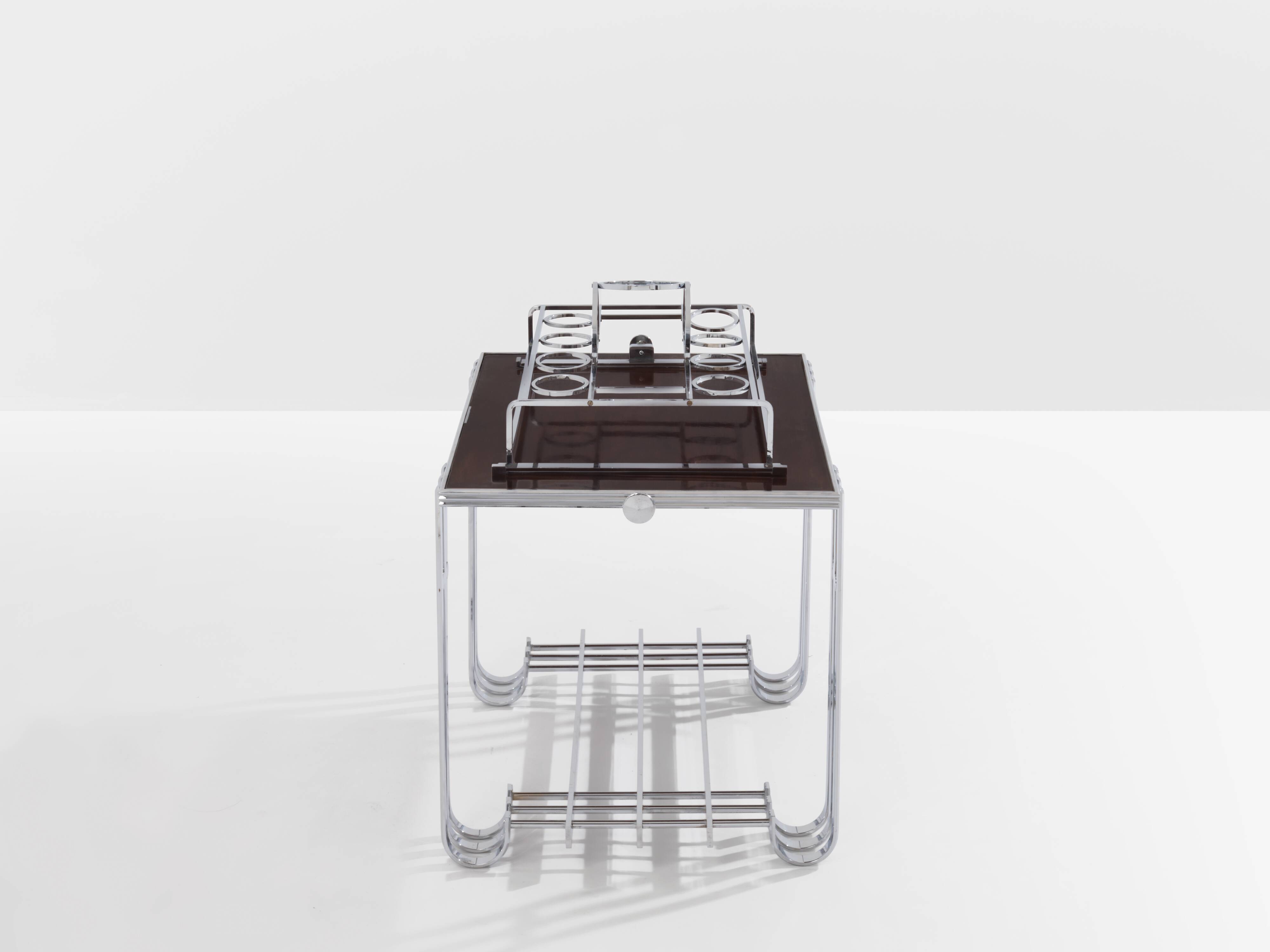 Modernist Art Deco walnut and nickel-plated metal bar table circa 1930