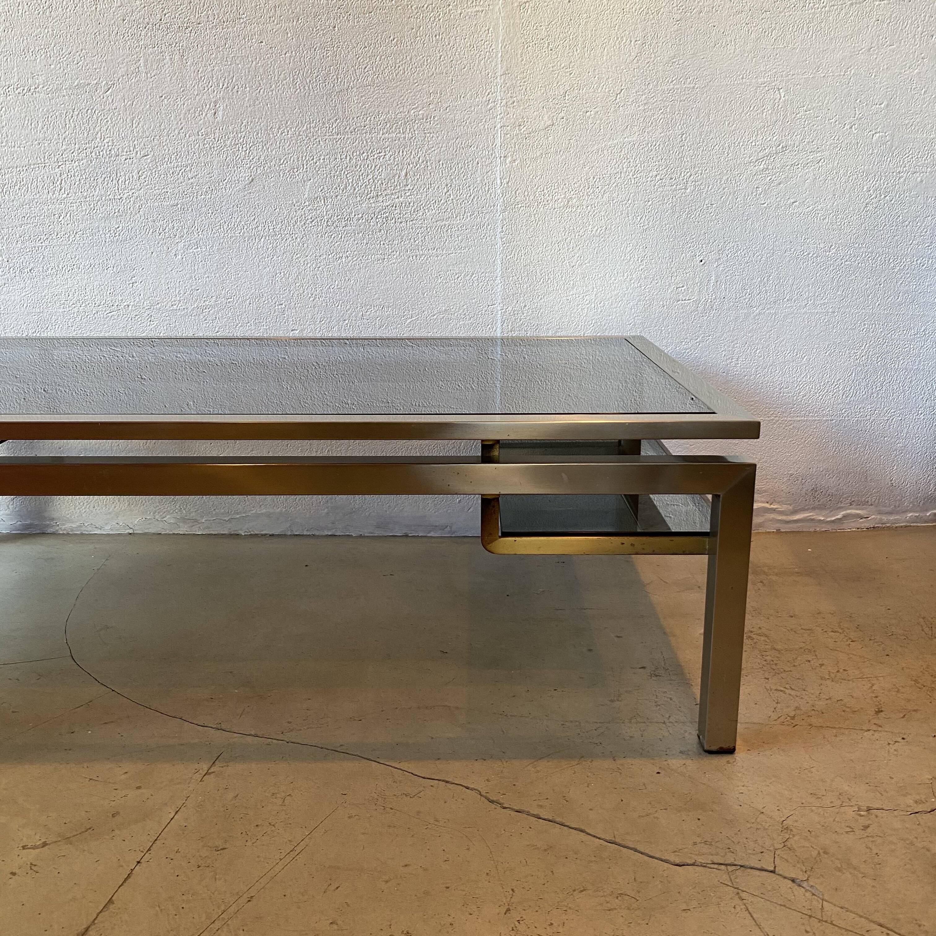 Guy Lefèvre Coffee Table for Maison Jansen, Brushed Steel and Brass