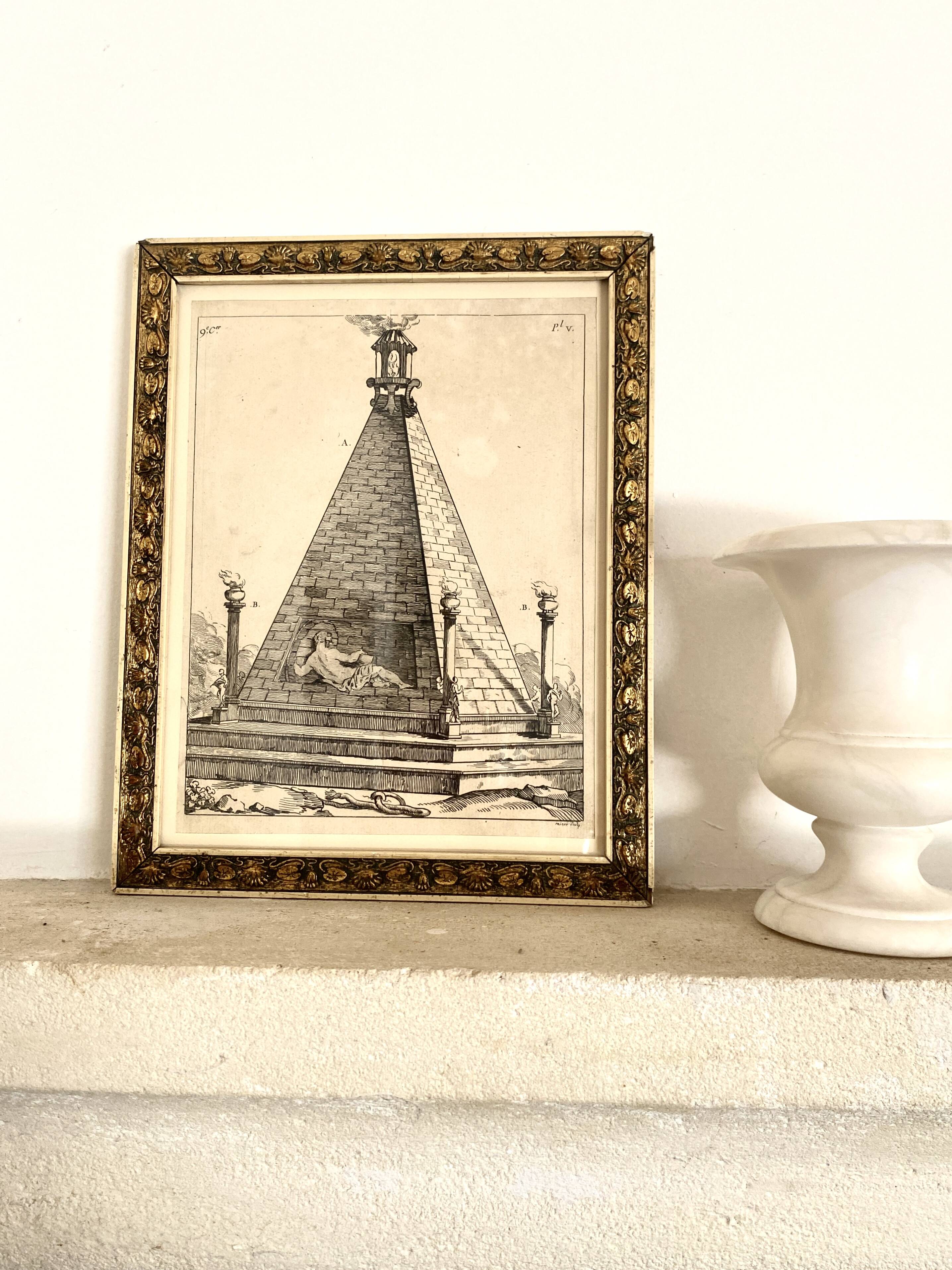 19th century engraving, Art Deco gold glazed frame