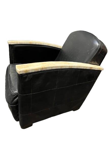 Pair of leather armchairs with marquetry armrests