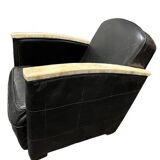 Pair of leather armchairs with marquetry armrests