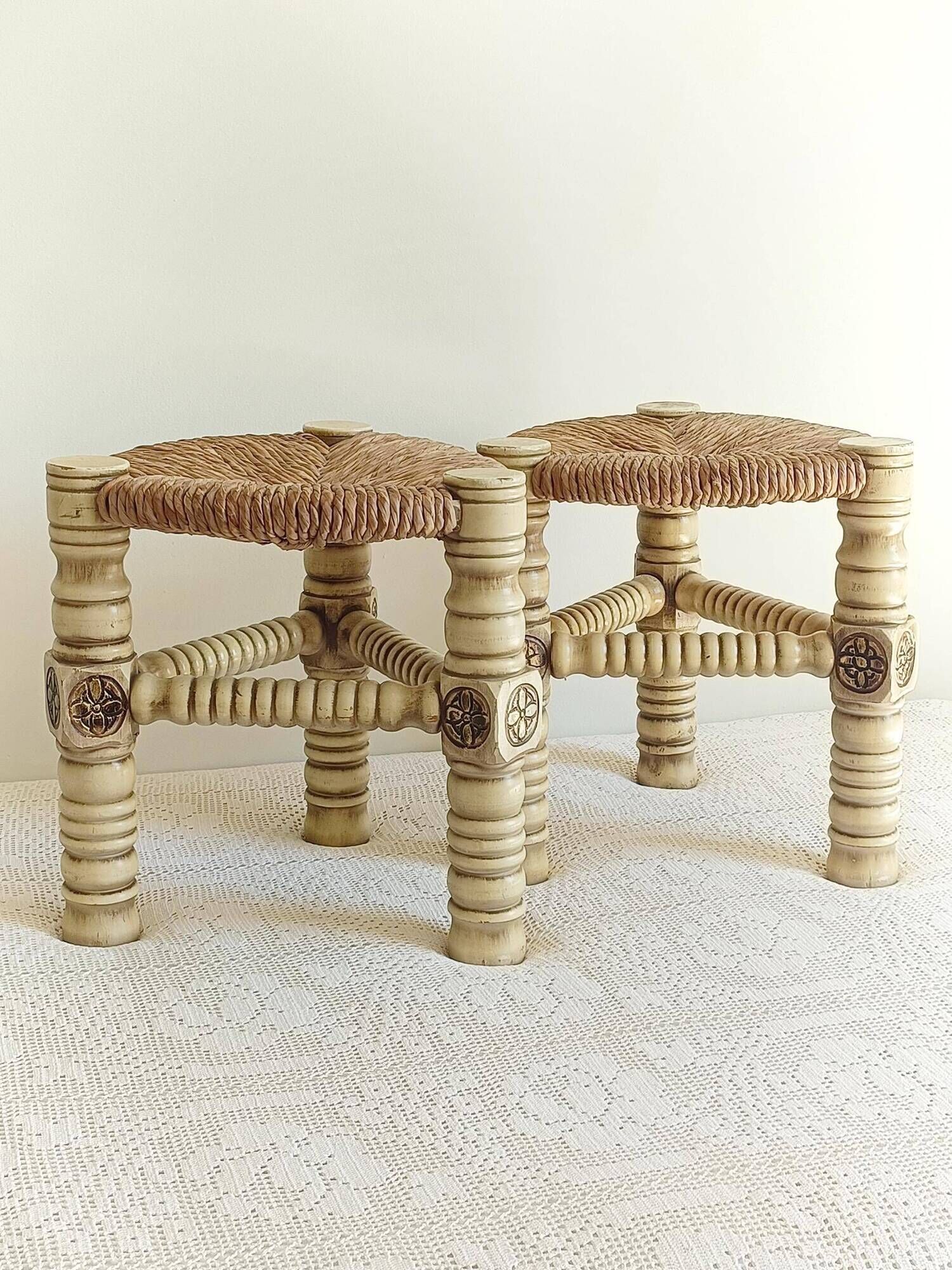 Brutalist Hand-Carved Wood and Fiber Stools, Belgium, Circa 1960s
