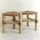 Brutalist Hand-Carved Wood and Fiber Stools, Belgium, Circa 1960s