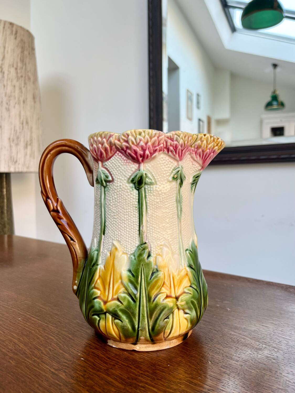 Antique floral barbotine jug – late 19th century ceramic