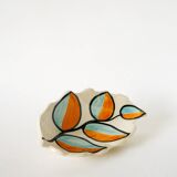 Ceramic catchall, leaf shape, orange and blue, psychedelic, 1970.