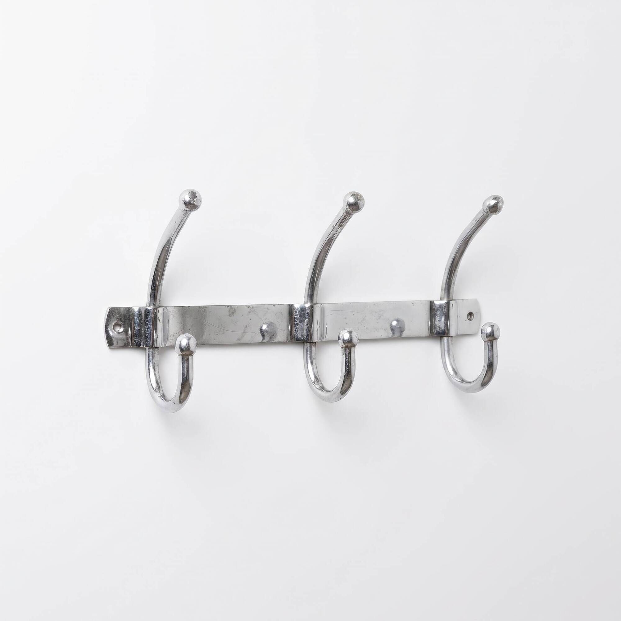 Vintage chrome wall coat rack with 3 double hooks, modernist design.