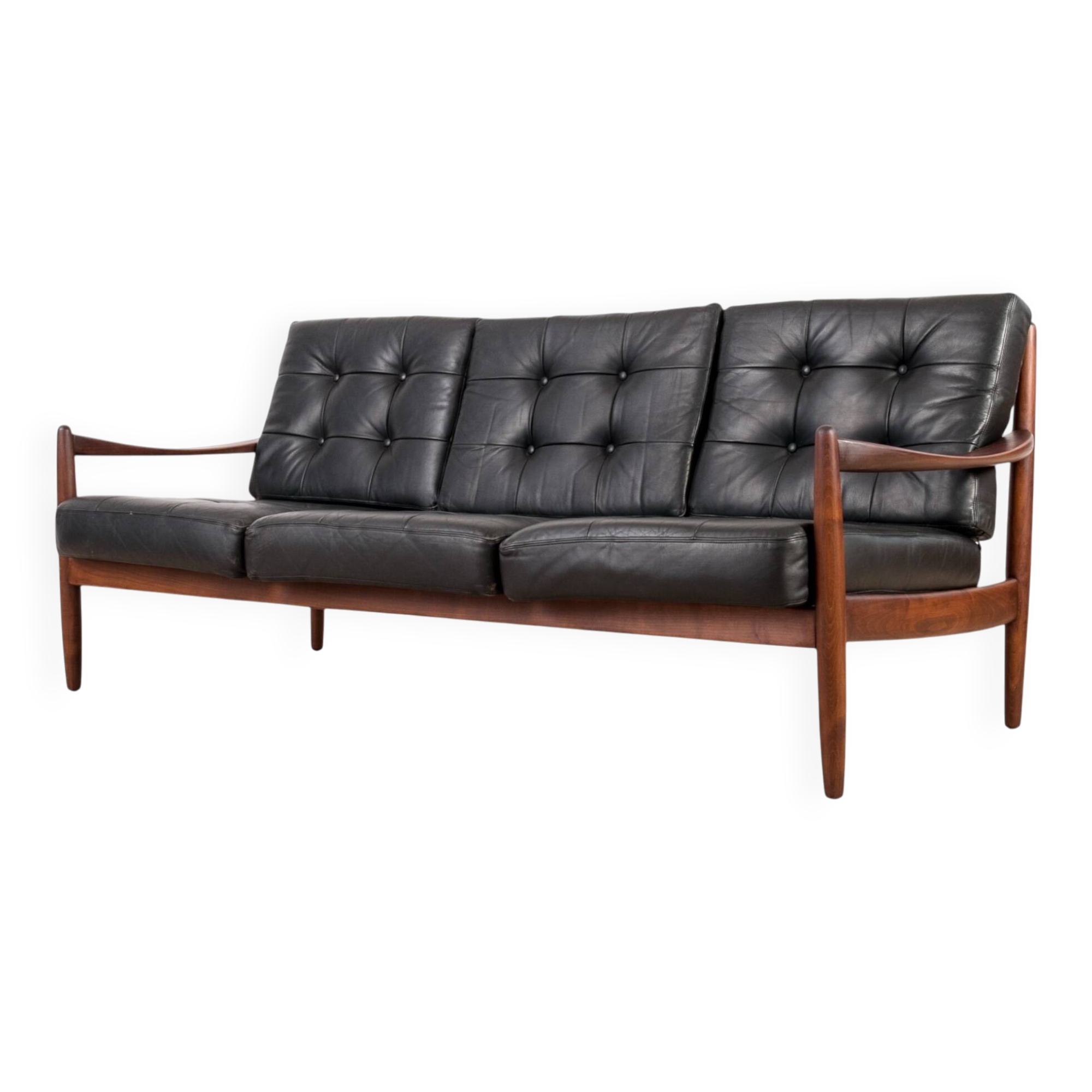 Scandinavian Three-Seat Sofa in Solid Wood and Black Leather, 1960s